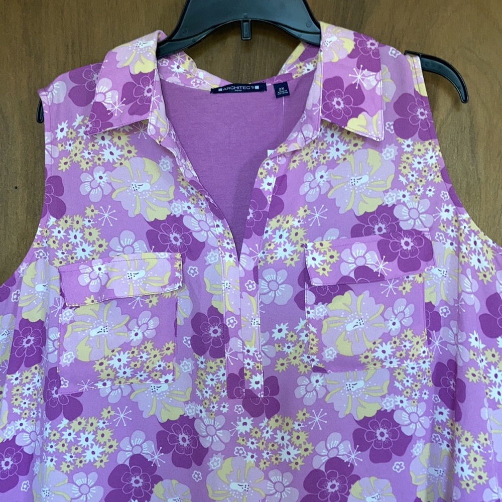 Architect retro floral print on front w pockets sleeveless 2X - Picture 16 of 17